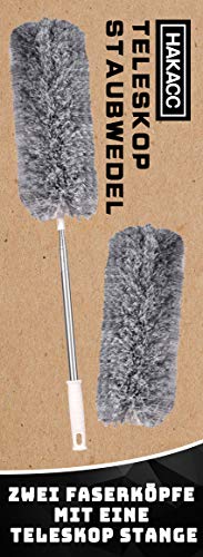 HAKACC Staubwedel Teleskop, Mikrofasern Staubwischer 2 Graue Mikrofaserköpfe mit 1 Edelstahl Teleskopstange Staubdesen Entfernt Staub Spinnweben Extra Lang 78.8-210 cm