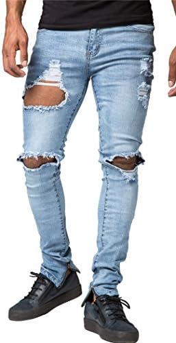Men's Vintage Skinny Fit Destroyed Cotton Denim Jeans with Knee Open Rips