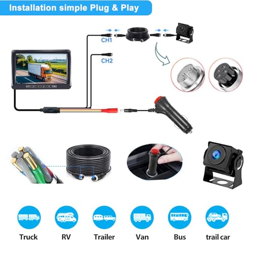 1080P Wired Backup Camera with 7 Inch HD Screen Night Vision Color Starlight 12V-24V Compact Camera Easy to Install for SUV Car Camper Truck Van IP69 Waterproof Cable 15m