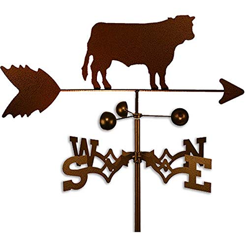 Copper Colored Metal Cow Weathervane Farm Compass Decor Weather Vanes for Rooftop Rustic Country Decorative Farmhouse Barn Vintage Antique Direction Arrow Wind Spinner, Roof Mount Steel