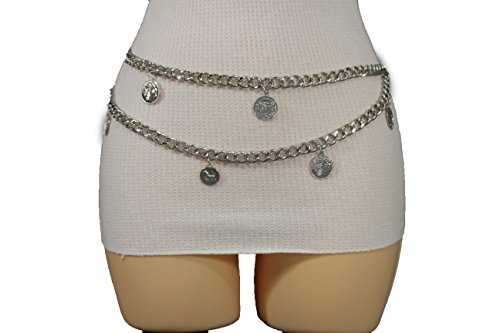 TFJ Women Fashion Wide Belt Hip High Waist Metal Chains Greek Coins S M L Silver