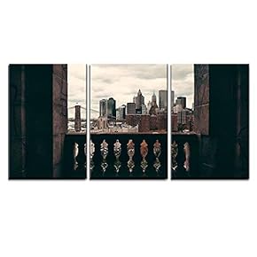 3 Piece Canvas Wall Art - New York City Downtown Architecture Skyline Through Abandoned Balcony. - Modern Home Art Stretched and Framed Ready to Hang - 16"x24"x3 Panels
