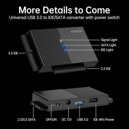 FIDECO IDE and SATA Adapter, USB 3.0 Hard Drive Adapter with Power Switch, SATA and IDE Converter for 2.5 Inch and 3.5 Inch HDD or SSD, CD-ROM, CD-RW, DVD-RW Drives
