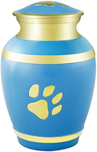 Meilinxu - Pet Funeral Urns for Dogs Ashes - Cremation Urns for Cats Ashes - Hand Made in Brass - Attractive Display Burial Urn - Pet Memorial Baby Urn - Cremated Remains (Blue Paw Print, Large Urn)