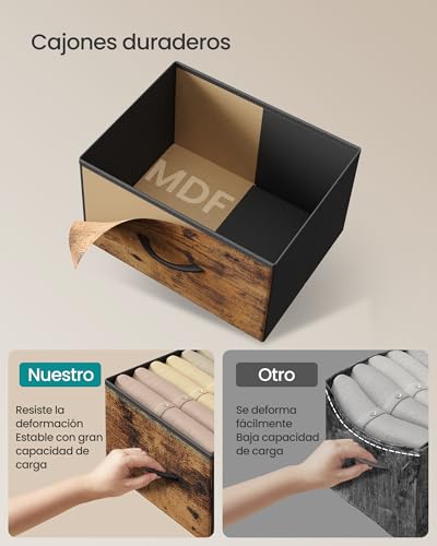 SONGMICS Cómoda, con 9 Cajones, Mueble de Almacenaje, Tela no Tejida, para Dormitorio, Recibidor y Salón, Marrón Rústico y Negro Tinta MLGS324BH04