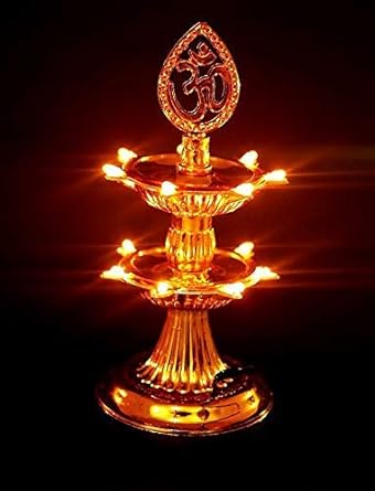 FYUGO 2 Layer Metal LED OM Design Electric Diya Decorative Lamp (Golden)