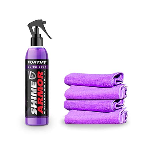 SHINE ARMOR Fortify Quick Coat – Ceramic Coating – Car Wax Spray – Waterless Car Wash & Wax – Hydrophobic Top Coat Polish & Polymer Paint Sealant Protection + 4 Microfiber Towels