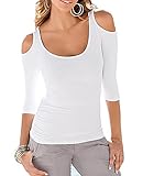 ZJCT Women's Open Cold Shoulder Stretch Long Sleeve Tee Shirt Casual Blouse Tops White M