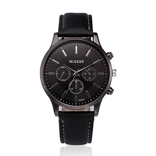 OWMEOT Retro Design Leather Band Round Analog Alloy Quartz Wrist Watch Men (Black)