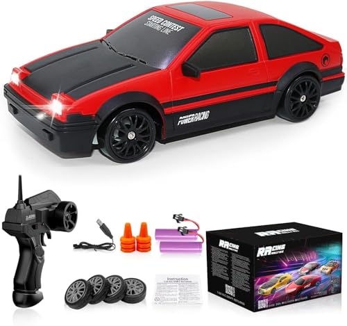 RC Drift Car 2.4GHz 1:24 Scale 4WD High Speed Remote Control Car with LED Lights, Drifting Tires, 2Pcs Rechargeable Batteries