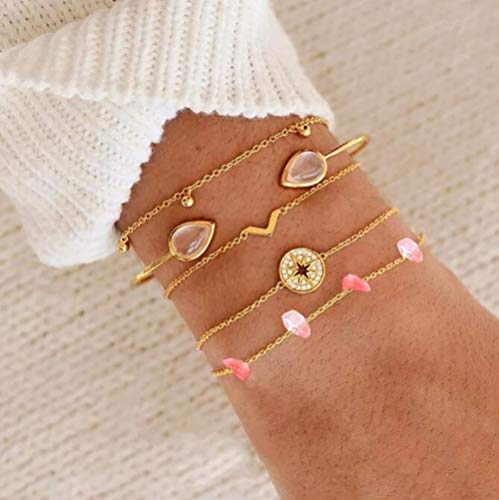 Denifery Water Drop Bracelet Ball Bracelet Open Natural Stone Bracelet Diamond Hand Chain Six-Star Bracelet,Set of 5
