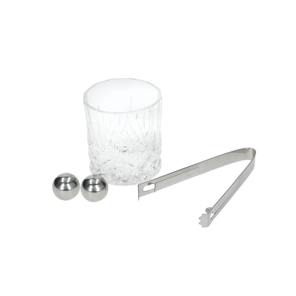 BarCraft Whiskey Glass and Stone Set - 2 Ice Balls, Tumbler and Tongs in Gift Box