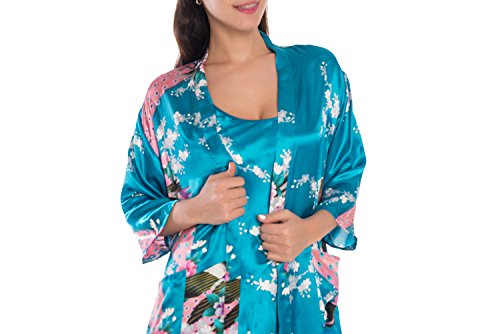 Yukata Womens Gorgeous Loungewear 2PC Set Sleepwear Camisole & Robe, Turquoise S