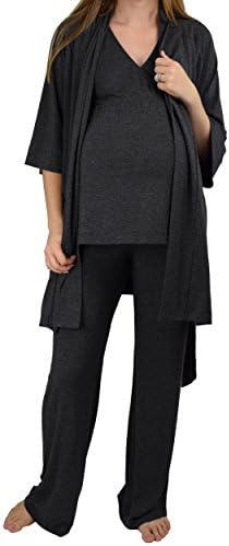 Embrace Your Bump Super Soft 4 Pc Maternity &amp; Nursing Hospital Bag Essentials Pajama Set (Robe, Nursing Tank, Pants, Nursing Bra) (Large, Charcoal)