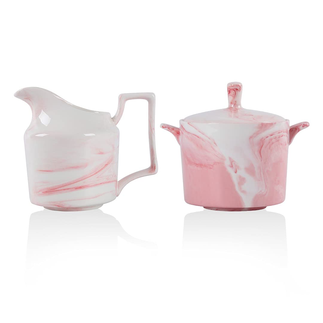 CHILDIKE Pink Marbled Sugar and Creamer Set, Porcelain Cream Pitcher, Sugar Bowl, Coffee Serving Set 227 ml
