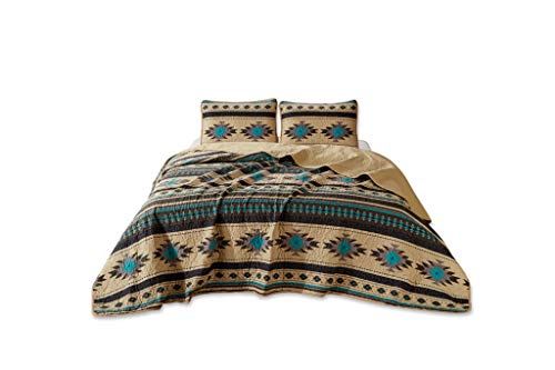 Chezmoi Collection 3-Piece Southwestern Geometric Tribal Multicolor Teal Beige Black Gray King Quilt Bedspread Set (118" x 95")