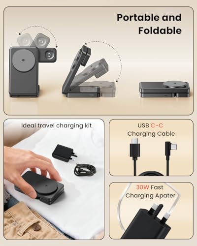 15W Fast Wireless Charging Station, GEEKERA 3 in 1 Magnetic Wireless Charger Stand for Apple Devices, Foldable Travel Charging Dock for iPhone 17 16 15 14 13 12, for Apple Watch & AirPods