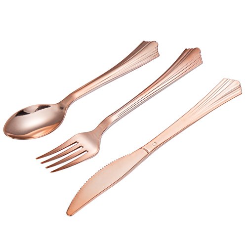 TBwisher 400 Pieces Rose Gold Disposable Flatware - Heavyweight Plastic Cutlery - Disposable Plastic Silverware Set - Includes 100 Paper Napkins, 100 Forks, 100 Spoons, 100 Knives