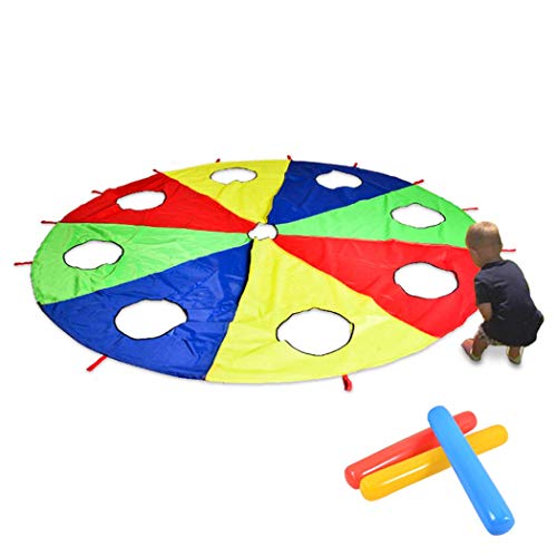 HAPPYMATY Rainbow Umbrella Parachute 6 Foot with 8 Handles for Kids,Play Parachute Outdoor Games(Whack a Mole) Activities Toys with 3 Air Sticks 2M/6FT