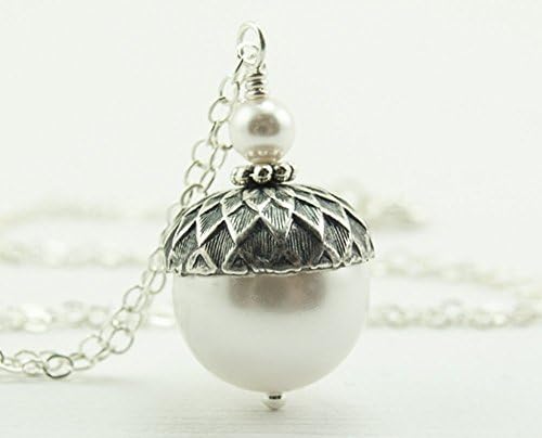 Acorn Necklace White Colored Simulated Pearls by Swarovski Crystal, Sterling Silver Chain 16 inches