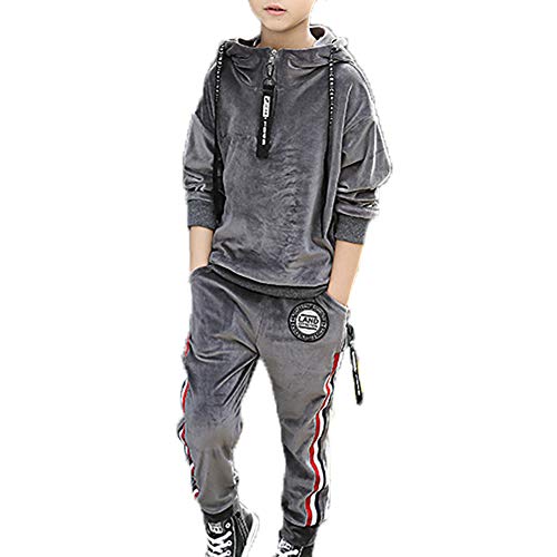 Monvecle Toddler to Big Boys' 2 Piece Long Sleeve Soft Velour Hoodie Tracksuit Top + Sweatpant Jogger Sets Charcoal 10-11