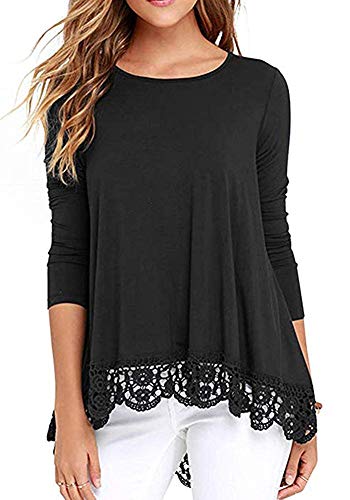 Unidear Women's Tops Long Sleeve Lace Trim O-Neck A-Line Tunic Blouse Black#3 M