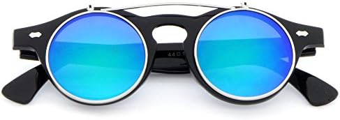 Sunglasses Luxe - Retro Steampunk Circle Flip Up Sunglasses – 42mm (Blue Green/Black)