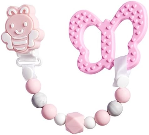 BBBiteMe Pacifier Clip &amp; Cute Butterfly Teether Toy, Teething Silicone Beads, BPA Free 100% Food Grade Silicone Binky Holder for Girl, Teething Toys, Soothie, Mam, Drool Bibs