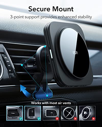 ESR HaloLock Magnetic Wireless Car Charger, Fast Charging, Air Vent Mount, Compatible with MagSafe Car Charger, Caseless iPhone 14/13/12 Series Phones and Magnetic Cases, Not for iPhone 14 Pro, Black