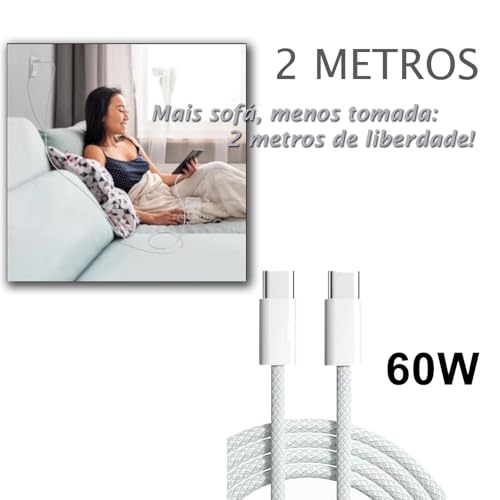 Cabo com 2 Metros Turbo USB-C Tipo-C 60w Trançado De Nylon Compativel com Iphone 15,16,17 Pro/Max IOS/Android Premium Reforçado