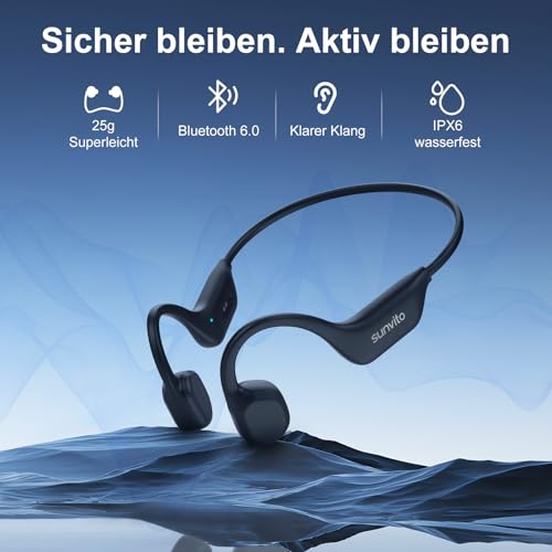 sunvito Knochenschall Kopfhörer Bluetooth 6.0, offene Bluetooth-Funkkopfhörer für Sport, wasserdichte, leichte Ohrhörer mit Ohrstöpseln für Laufsport, Fitnessstudio, Radfahren, schwarz