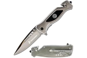 MILITARY GIFT SHOP USMC Tactical Folding Knife–3.5 Inch Blade-Hunting, Rescue & Everyday Carry Gift for Marines Disabled Vet Owned Business | USMC Knife Silver
