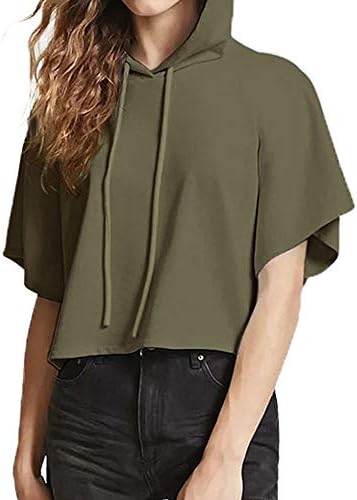 lanWi Women Fashion Drawstring Pink Short Sleeve Hooded Casual Crop Top Pure Color Loose Top