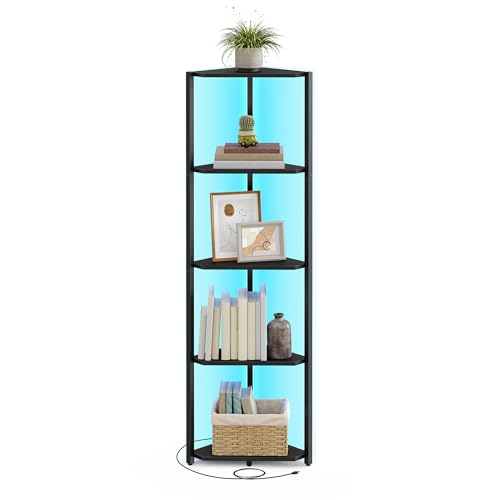 VASAGLE LBC590B02V1 Corner Shelving Unit with 5 Levels Adjustable LED Lighting with Steel Frame, 25 x 48 x 146.7 cm, for Living Room, Bedroom, Study, Ebony Black