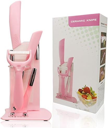 Ceramic Knives Set By Exlif, Ergonomic Handle 3 Piece Kitchen Knife Set with Adjustable Holder Stand (Pink)