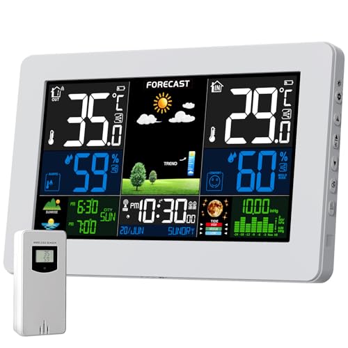 VOKSUN Wetterstation Funk mit Außensensor, Farbdisplay, Wecker mit Schlummerfunktion, Thermometer Hygrometer mit Wettervorhersage, Batteriebetrieb und