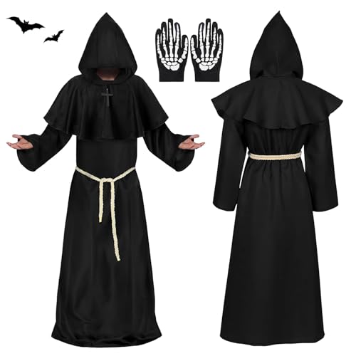 41TFEo+BvaL Robe Mönch Kostüm Herren, Karneval Mönch Priester Gewand Xxl,Herren Kapuze Und Kreuz Mönch Robe Priester Kostüm, Mittelalter Renaissance Kostüm, Für Mottoparty, Halloween, Karneval (Schwarz-Xxl)