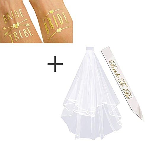 Bachelorette Bride To Be Bundle - Bridle Sash and Veil and Bride Tribe Tattoos, Great Party Favors &amp; Supplies