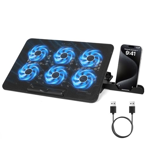JDF3CISH Ventilador para Laptop y Base Enfriadora con 6 Ventiladores Silenciosos, Soporte Ajustable para Laptop Gamer 12-17.3", Cooling Pad con 5 Alturas, Soporte para Celular y Dual USB
