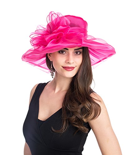 SAFERIN Women's Kentucky Derby Sun Hat Church Cocktail Party Wedding Dress Organza Hat Hot Pink Bowknot