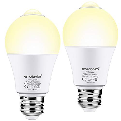 Motion Sensor Bulb, Emotionlite Motion Activated Light Bulbs, Warm White LED, 60W Equivalent A19 Bulb, E26 Base, Porch, Stairs, Garage, Basement, Hallway, Auto On/Off, 8W, 600LM, 2 Pack