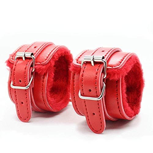 3 Pack Leather Handcuffs Set Adjustable Handcuffs with Leather Whip with Feather Red - Thumbnail 2