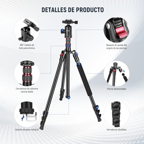 NEEWER Trípode de Cámara de 77 Pulgadas con Rótula de Bola Panorámica de 360°,Columna Central de 2 Ejes,Placa QR Tipo Arca, Aluminio Compacto,Ligero,Carga Máxima de 34 lb, Bolsa de Transporte Incluida
