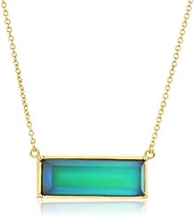 Color Changing 18k Yellow Gold Plated Bronze Rectangular Thermochromic Liquid Crystal and Created White Crystal Modern Mood Necklace, 16+2" Extender