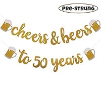 Faisichocalato Cheers & Beers to 50 Years Gold Glitter Banner for 50th Birthday Wedding Anniversary Party Decorations Pre Strung & Ready to Hang, Beer Party Decorations