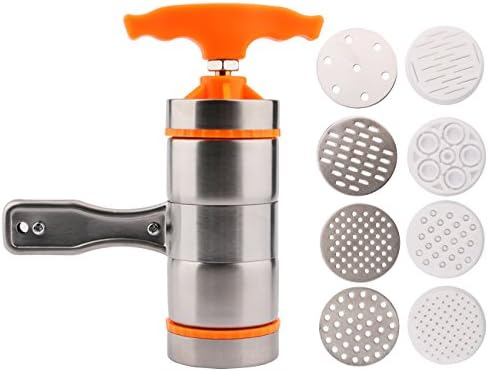 Katkitchen Noodle Pasta Press Maker Machine Hand Crank Cutter with Orange Handle, Manual Fruits Juicer Cookware with 9 Pressing Moulds for Making Spaghetti Fettuccine Noodle