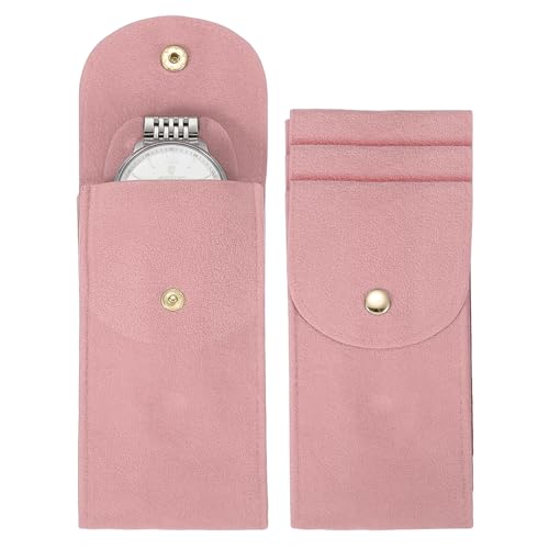 uxcell 4 Pcs Velvet Watch Pouch, 5.1 x 2.8 Inch Portable Travel Case Jewelry Storage Bag Single Watch Storage Pouch for Men and Women with Snap Button for Travel Home, Pink