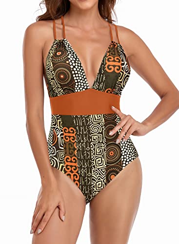 Husmeu Women's Vintage Swimsuits for Women Tummy Control One Piece Bathing Suits High Waisted Sexy Monokini Swimwear Printed Brown S