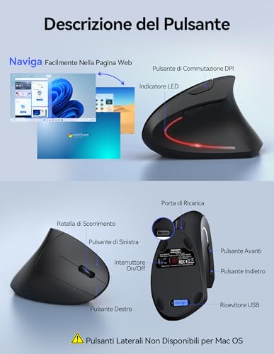 TECKNET Rechargeable Wireless Vertical Mouse, 4800 DPI Ergonomic Silent Wireless Mouse, 6 Buttons, 2.4 GHz with USB Receiver for PC, Computer, Laptop, Mac, Black