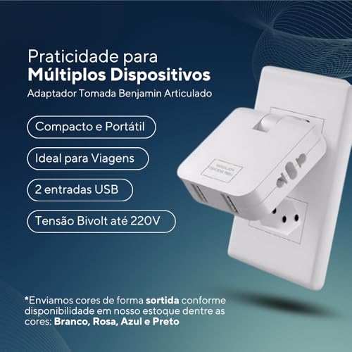 Adaptador Tomada Benjamin Articulado Bivolt com Duas Entradas USB, Conecta 4 Dispositivos Simultaneamente, Ideal para Viagens, Compacto e Portátil, Suporte até 10A, Compatível até 220V Sortido